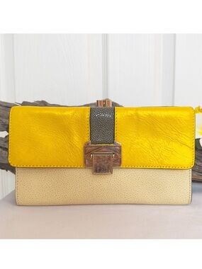 REBECCA MINKOFF ~ Cream Clutch w/Yellow and Gray Accents Gold Toned Hardware